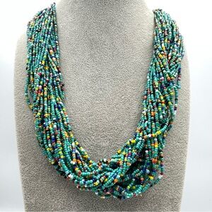 Boho Multicolor Seed Bead Multi-Strand Necklace with Wooden Clasp